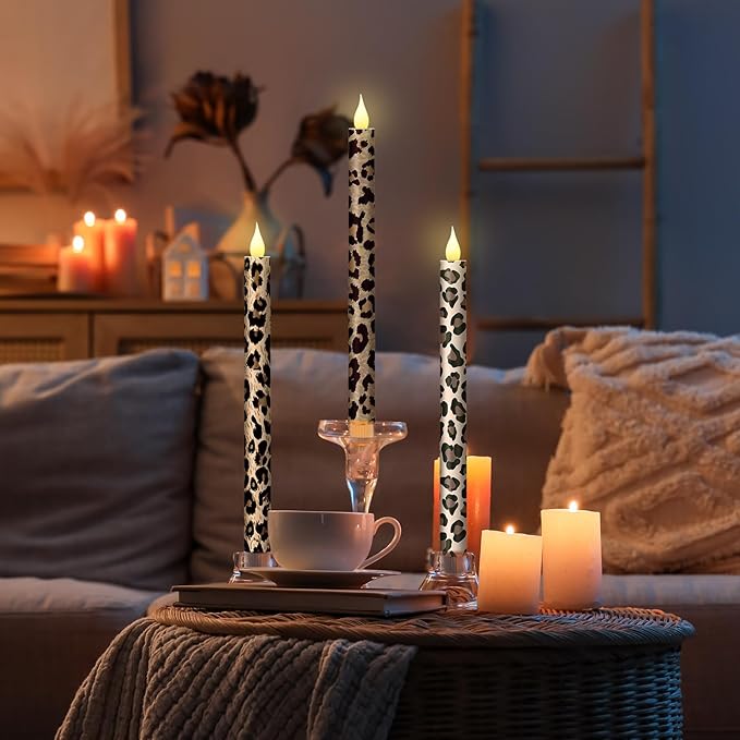 Honoson 6 Pcs Leopard Flameless Taper Candles 10.6 Inch Wild Safari Cheetah Print Candles Battery Operated LED Candlesticks for Animal Theme Jungle Birthday Party Dinner Table Home Bathroom Decor