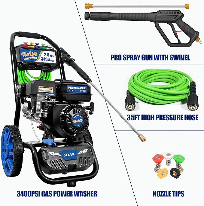 TOOLCY 3400 PSI Gas Pressure Washer, 2.8 GPM Power Washer with 212cc OHV Engine, Axial Pump, 50 FT Pressure Hose, Quick-Connect Swivel Spray Gun & 5 Nozzles for Cars, Driveways, Patios & Home