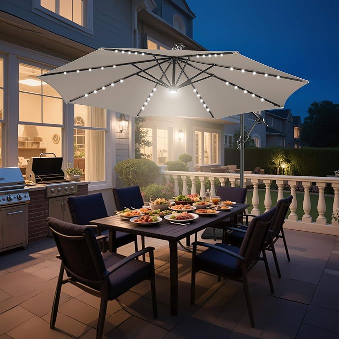 Solar Offset Patio Umbrella - 10 FT Solar Cantilever Umbrella Outdoor with 40 LED Lights and Cross Base, UV Protection for Garden, Deck, Backyard, Pool, Porch, Taupe