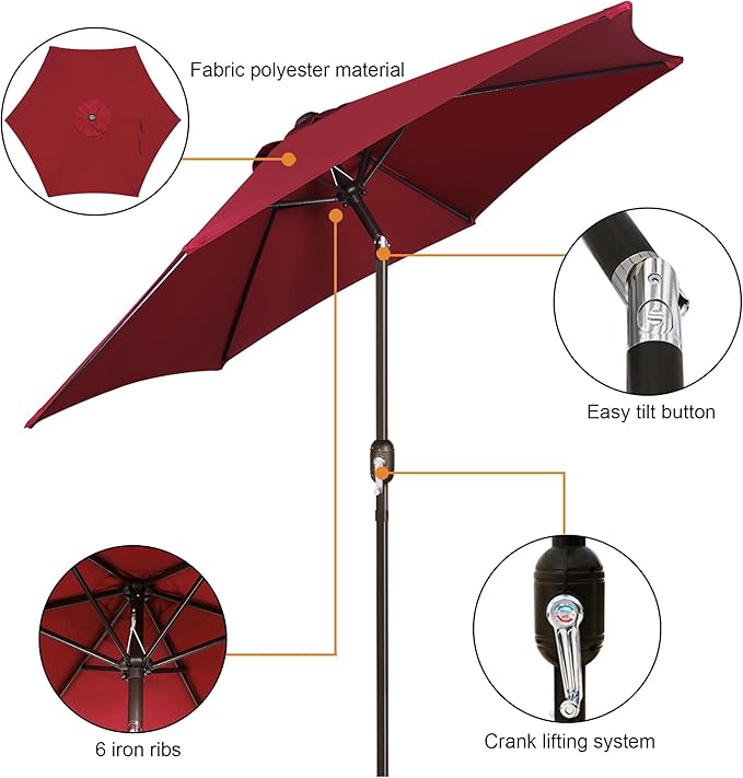 Blissun 7.5 ft Patio Umbrella, Yard Umbrella, Outdoor Market Umbrella with Push Button Tilt Crank, Burgundy