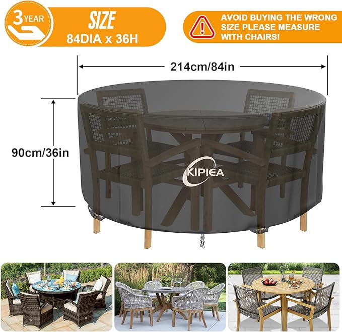 Kipiea Round Patio Table cover Waterproof, Heavy-Duty Round Patio Furniture Covers, No Tears Anti UV No Fading (84" Dia x 36" H)