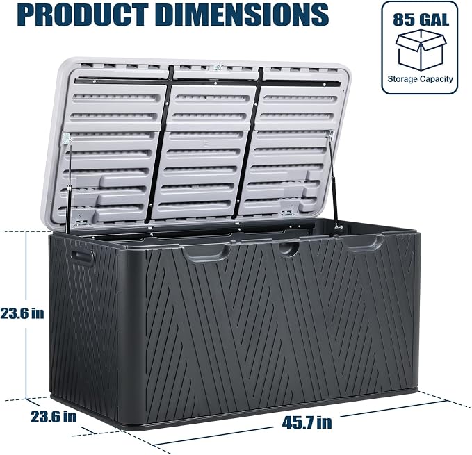 Aoodor 85 Gallon Deck Box, Outdoor Storage Box, Waterproof & Weather-Resistant Lockable, Patio Bench Storage Box for Cushion, Garden Tools, Black