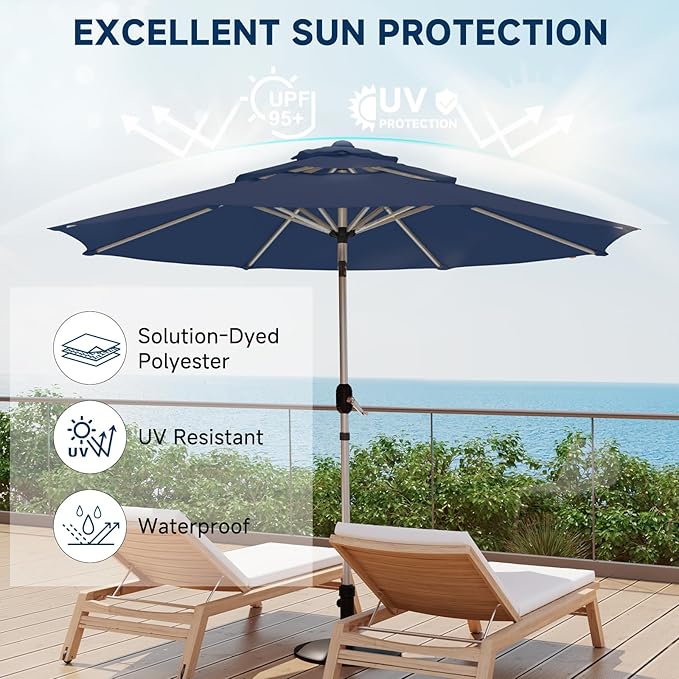 10FT 3-Tier Aluminum Outdoor Patio Umbrella, Fade-Resistant Market Umbrella with Push Button Tilt Function, 8 Sturdy All-Aluminum Ribs for Gardens, Patios, Backyards & Pools