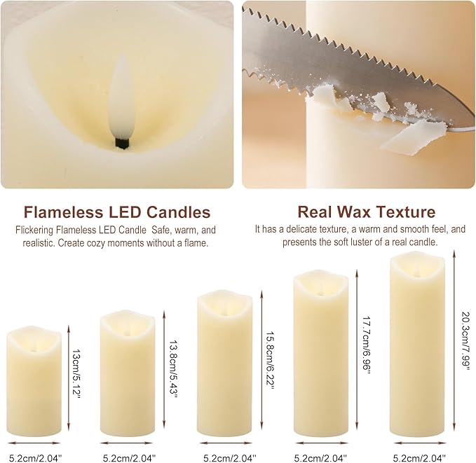 Flickering Flameless LED Candles with 5 PCS (H5 5.5" 6" 7" 8"), Fake Battery Operated Pillar Candles - 3D, Remote and Timers, Real Wax Candles for Home/Wedding/Fireplace Xmas Decor (Ivory)