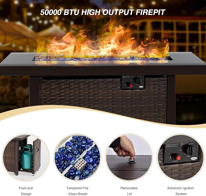 Patio Furniture Set 15 Pieces with 44" Fire Pit Table, Rattan Outdoor Sectional Conversation Sets, All Weather Outdoor Furniture Set with Cushions for Garden Lawn Balcony Porch Deck Beige