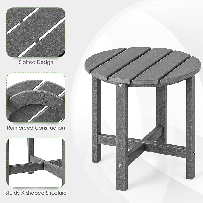 Tangkula Round Outdoor Side Table, 18 Inch Weather Resistant HDPE Adirondack Table, Outdoor Indoor Chairside End Tables, Patio Side Table for Lawn Garden Balcony Backyard, Easy Assembly (2, Gray)