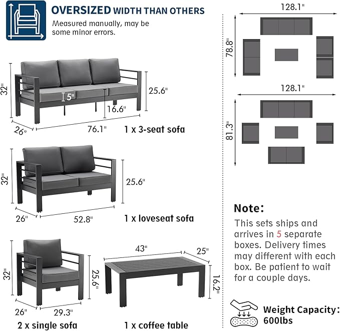 UDPATIO 10 Piece Aluminum Patio Furniture Set with Wicker Fire Pit Table,Mordern Outdoor Furniture Set with Water-Proof Cover Included, Dark Grey
