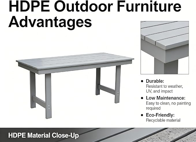 KEIKI 66.9" HDPE Outdoor Table, All Weather Patio Table with Umbrella Hole, Waterproof & Fade Resistant, Wood Grain Finish, Easy Assembly Patio Furniture for Garden Balcony Poolside Backyard, Grey