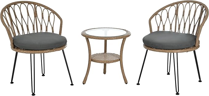 Montary 3 - Piece Outdoor Leisure Set,2 Stylish Hand - Woven Rattan Single Chairs & a Sturdy Tempered Glass Round Table - Ideal for Relaxing on Balconies and Courtyards,Natural & Grey