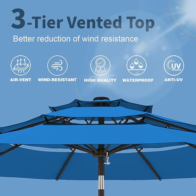 PatioKingdom 9ft 3-Tier Patio Market Umbrella with Crank/Tilt, Commercial Heavy Duty Wind Proof,Outdoor Table Umbrella with 8 Fiberglass Ribs,UPF50+ for Deck,Pool,Garden,Backyard (Royal Blue)