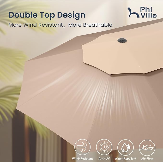PHI VILLA 15ft Large Patio Umbrellas with Base Included, 2-Tier Outdoor Double-Sided Rectangle Market Umbrella with Stand, Outside Umbrellas for Poolside Lawn Backyard, Beige&Tan