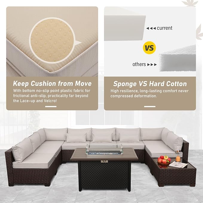 Lviden 10 Pieces Wicker Patio Furniture Set Outdoor PE Rattan Sectional Conversation Sofa Set with Non-Slip Cushions and 45" Fire Pit Table, Beige