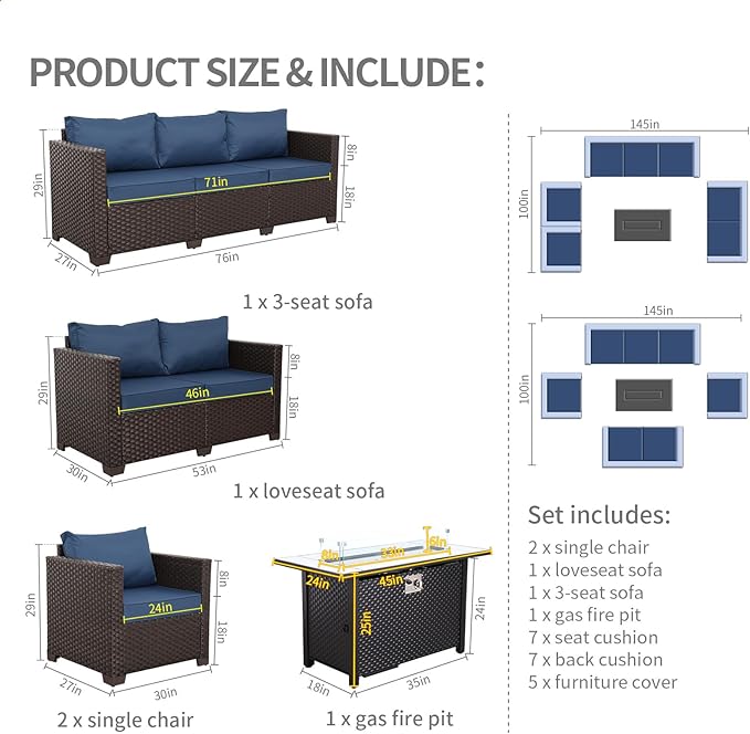 Rattaner 5-Piece Outdoor Patio Furniture 45 in Outdoor Fire Pits Patio Furniture Set 60000 BTU Outdoor Propane Fire Pit No-Slip Cushions Waterproof Covers, Navy Blue