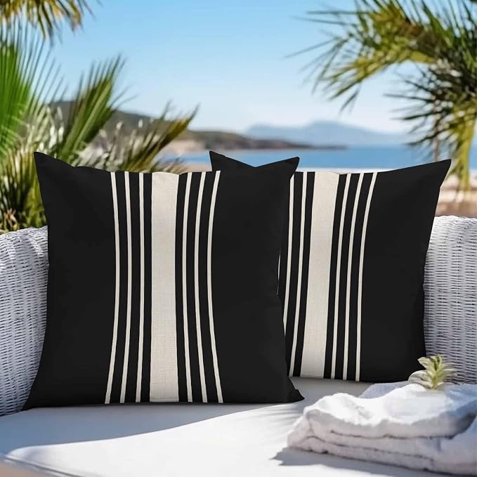 Vandarllin Outdoor Throw Pillows Covers 16x16 inch Set of 2 Waterproof Black Stripes Decorative Zippered Cushion Covers for Patio Furniture, Classic Striped Linen Lumbar Pillowcases