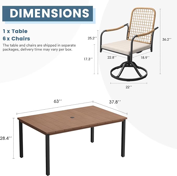 DIFY 7 Pieces Outdoor Dining Set, Metal Patio Table and Chairs Set for 6, 63" Rectangle Dining Table with Umbrella Hole & Wicker Swivel Patio Chairs with Cushions, Walnut Tabletop