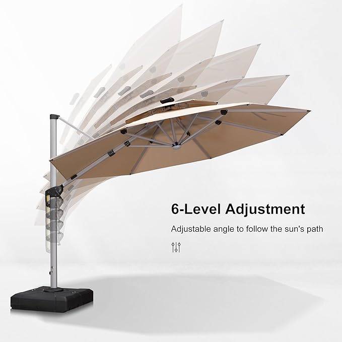 PURPLE LEAF 12ft Patio Umbrella With Base Solar powered LED Cantilever Umbrella with LED lights Windproof Outdoor Offset Umbrella for Garden Deck Pool Patio, Beige