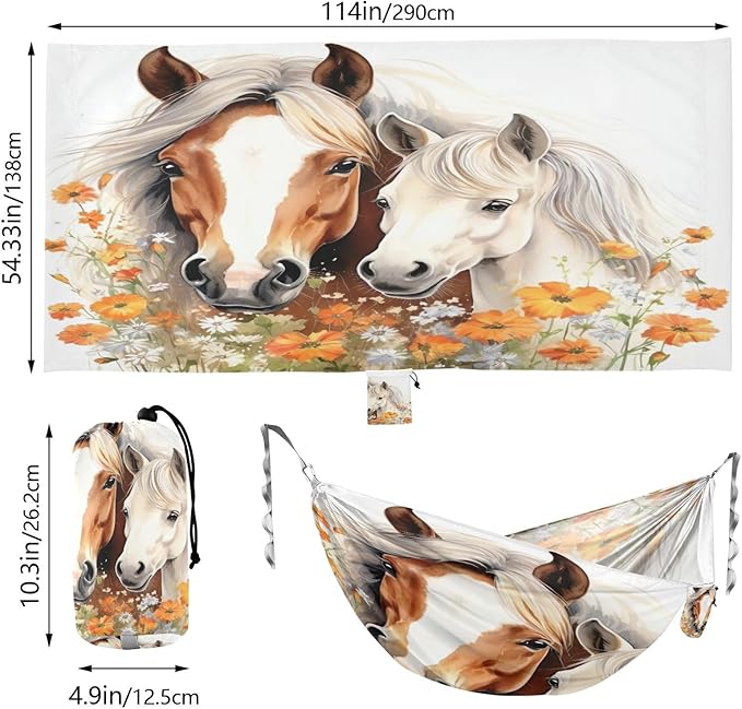 Qilmy Watercolor Wild Horses Camping Hammock Single – 330 lbs Capacity, Lightweight with Tree Straps & Carabiners, Portable for Hiking, Travel, Backpacking