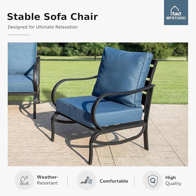 MFSTUDIO 4 Pieces Patio Conversation Set, 5 Seats Metal Patio Furniture Sets with 1 x 3-Seat Sofa, 2 Single Chairs,1 Coffee Table, All Weather Patio Sets with 5.75inch Peacock Blue Cushion for Garden