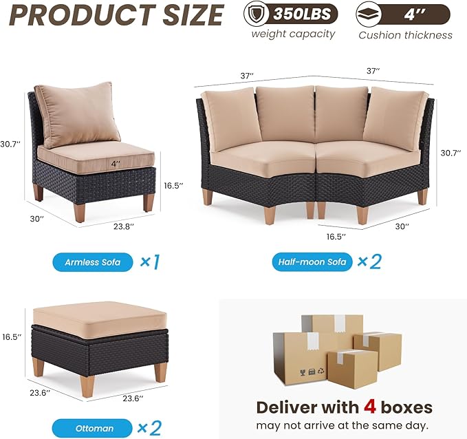 Soohow Half-Moon Patio Conversation Set, 7 Piece Outdoor Sectional Furniture Set with Cushions, Wicker Patio Conversation Set Outdoor Sectional Sofa, All-Weather for Garden, Backyard and Poolside