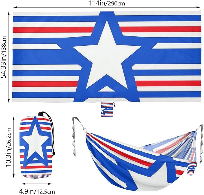 4th of July Independence Day Red and Blue Stars 330lb Capacity Outdoor Hammocks with Tree Straps Portable Hammock for Outside Camping Essentials para ir de Camping
