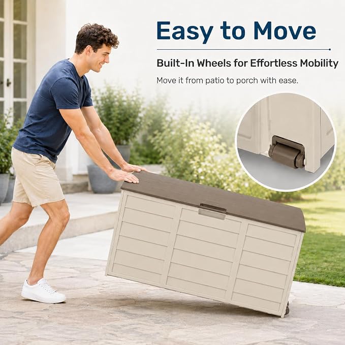 75 Gallon Resin Deck Box, Waterproof Outdoor Storage Box with Wheels, Lockable Lid and Handles, Large Deck Storage for Outdoor Gear, Patio Furniture Cushion, Gardening Tools, Brown