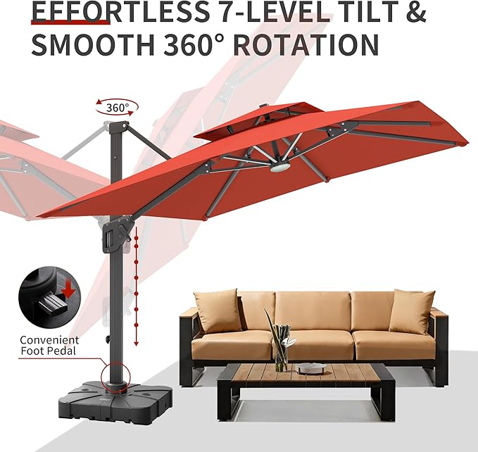 10 X 13 FT Cantilever Patio Umbrella with Base Included & Led Lights Outdoor Rectangle Offset Large Double Top Heavy Duty Umbrellas 360°Rotation for Pool Deck Backyard,Wine Red