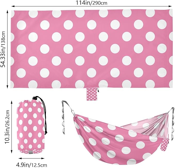 Pink Polka Dots Camping Hammock, Portable Lightweight Single Hammock with Tree Straps and Aluminum Carabiners, 114" x 54" Travel Hammock for Hiking Backpacking Beach