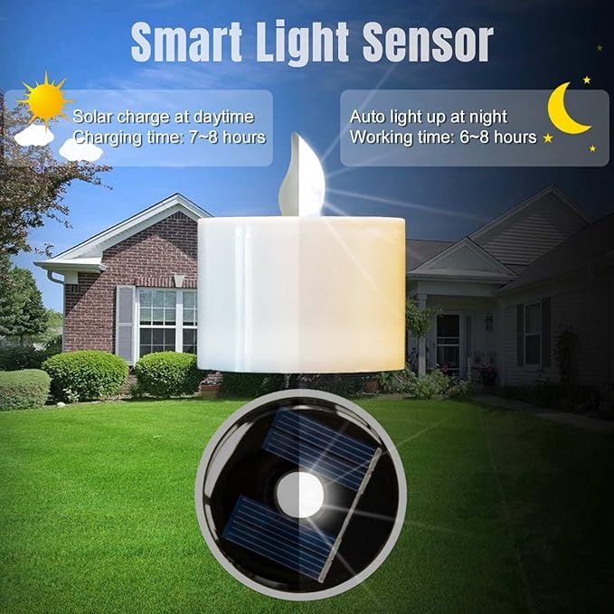 6 Pack Cool White Flickering Outdoor Waterproof Solar Powered Electric Candles, Solar LED Rechargeable Flameless Votive Candles, Flicker Battery Tea Lights Bulk for Outside Table Home Decor
