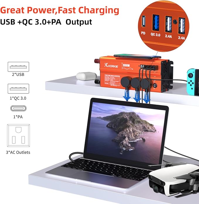 1000W Pure Sine Wave Inverter, Car Power Inverter, 12V DC to 110V AC Power Converter, Emergency Power Inverter with Type-C, Dual 5.2V/2.4A USB, 3AC Outlets for Home,Camping, RV, Truck, Vehicles