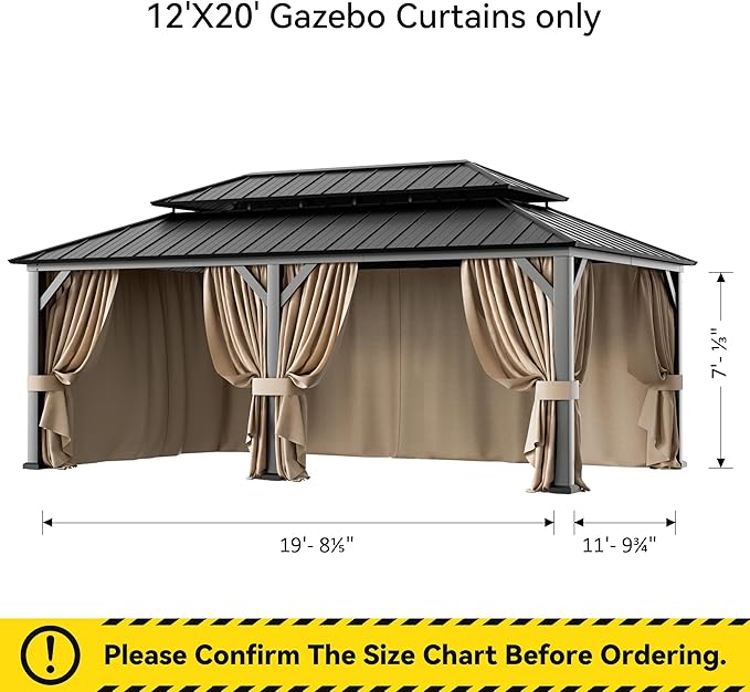 Covered Outdoor Gazebo Curtain Replacement Universal 6-Panel Sidewalls 12' x 20', Outdoor Gazebo Privacy Curtains with Zipper, Replacement for Outdoor, Patio Canopy, Garden and Backyard (Curtain Only)