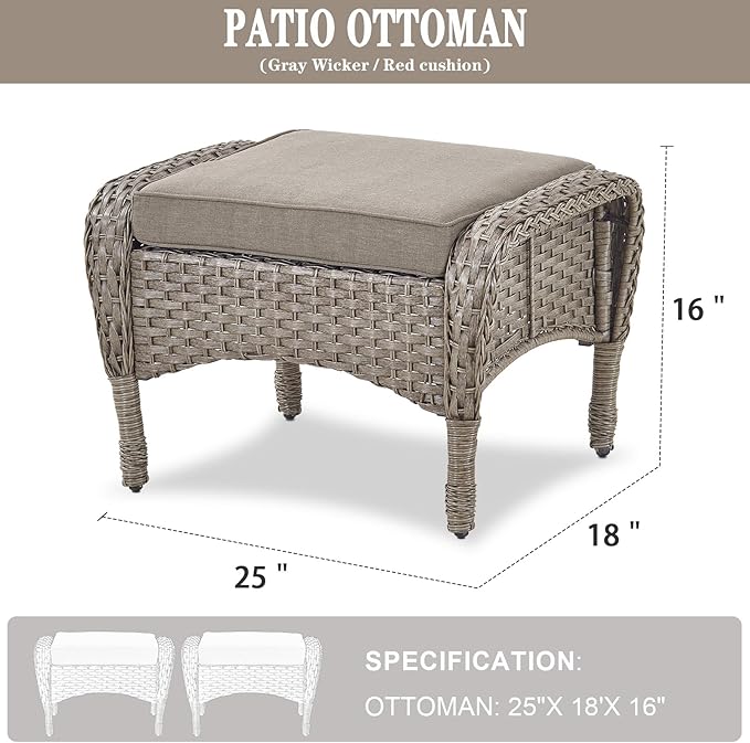 Belord Outdoor Ottomans for Patio Foot Rest - 25 Inch PE Wicker Foot Stool Set of 2 with Removable Cushions for Patio Furniture Sets,All Weather Rattan Ottoman for Balcony Deck Gray/Gray