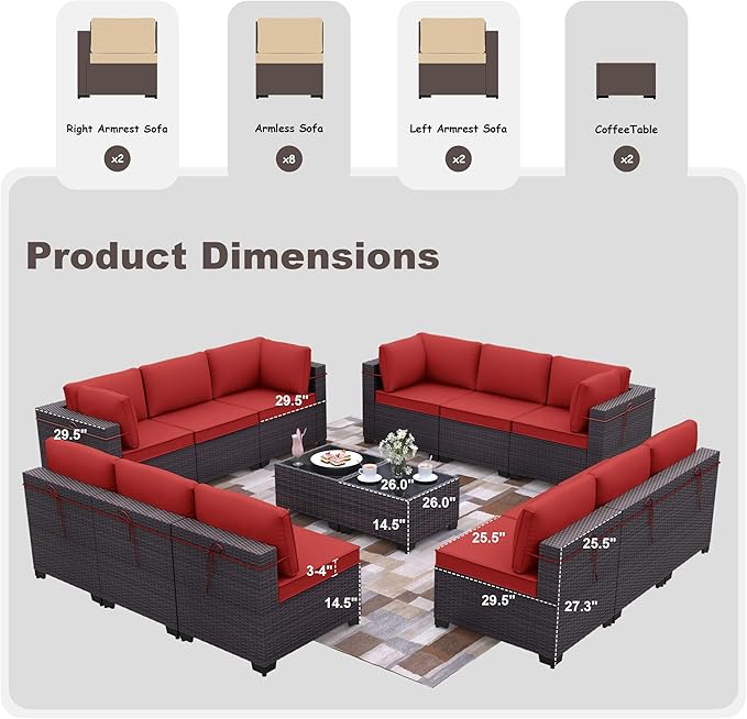 Patio Furniture Set 14-Piece Outdoor Furniture for Backyard Wicker Sectional Sofa Set, PE Rattan Patio Conversation Set 12 Seat with 4 Inch Thickened Cushions and Glass Coffee Tables, Red