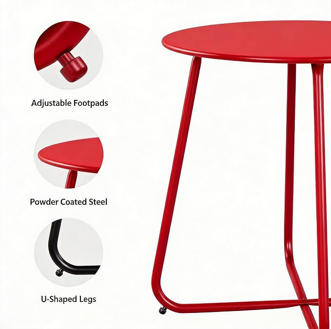 LAUSAINT HOME 18" Outdoor Side Table, 1 Pack Small Round Patio Table with Adjustable Footpads, Powder Coated Steel Coffee Table for Patio, Balcony, Porch and Garden
