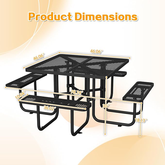 46'' Square Metal Picnic Table with 1.73" Umbrella Hole, Heavy-Duty Commercial Grade Steel Table Set, Rust Resistant Mesh Tabletop, Smooth Round Corner Design for Patio, Garden, Park & BBQ, Black