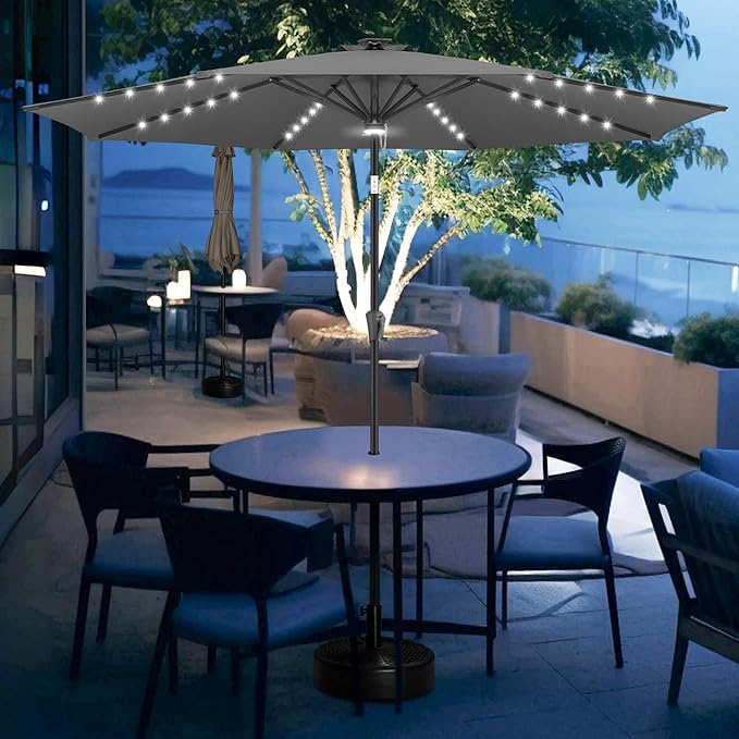 FLAME&SHADE 9 FT outdoor umbrella with 40LED lights, solar light patio umbrella with Centre Surround Light, Table Market Umbrella Outdoor Patiofor Deck, Pool, Backyard, Garden (Anthracite)
