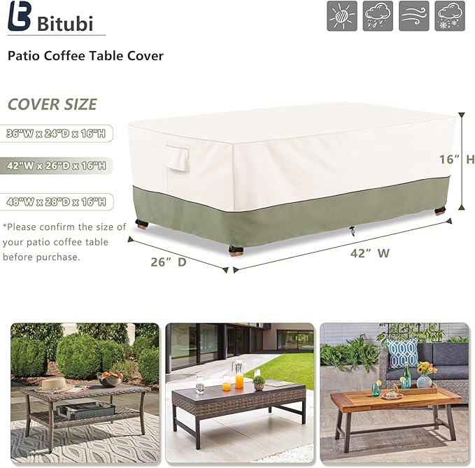 Bitubi Waterproof Patio Coffee Table Cover, Rectangular Outdoor Small Side Table Cover - Fits up to 42L x 26W x 16H inches, Beige