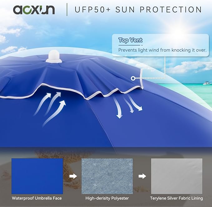 Aoxun Portable Umbrella with Stand, 6.5ft Sun Shade Umbrella with Stand, Lightweight Adjustable Standing with Sand Anchor and Carry Bag, Instant Sun Protection, Easy to Carry, Blue