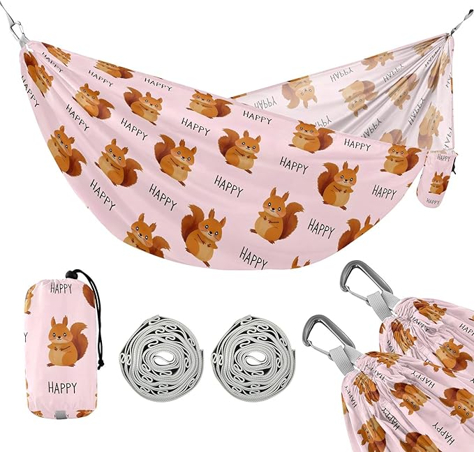 Camping Hammock Outdoor Hammocks for Outside Cute Squirrel Happy Beach Trees Portable Lightweight with Pockets Tree Straps Indoor