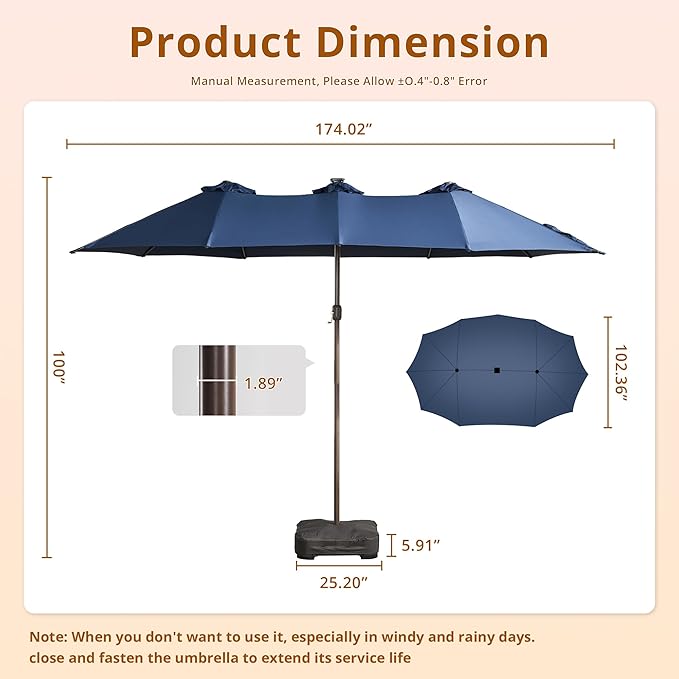 15ft Patio Umbrella with Base Included, Rectangle Double Patio Umbrellas with Crank Handle 12 Ribs, Heavy Duty Large Table Umbrella for Pool Deck Garden Party Commercial