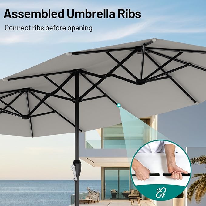 AreShark 15ft Patio Umbrella with Base, Double Sided Outdoor Umbrella with 12 Fiberglass Ribs, Large Outdoor Umbrella for Garden, Pool, Deck, Backyard & Market, Light Grey