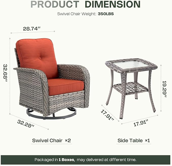 3-Piece Patio Furniture Set, Outdoor Wicker Furniture with Coffee Table, High Back Swivel Rocker Patio Chairs, Modern Rattan Outdoor Chairs Conversation Set for Porch, Balcony, Garden, Orange-Red