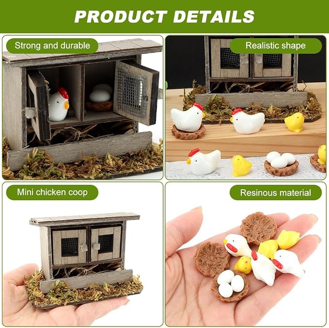 Fairy Garden Mini Chicken Coop Decor, 13-Piece Farm Scene Set | Includes 1 wood coop 3 hens 3 chicks 3 eggs 3 nests, doors open and close, store pieces together to avoid loss