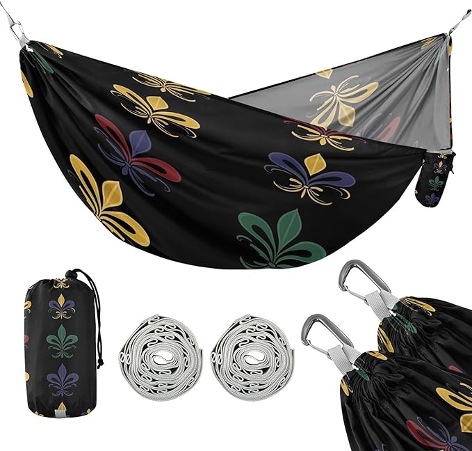 Hammocks for Outside Mardi Gras Fleur De Lis Camping Hammock Portable Hammocks with Tree Straps and Carry Bag Camping Accessories for Hiking Beach Outdoor