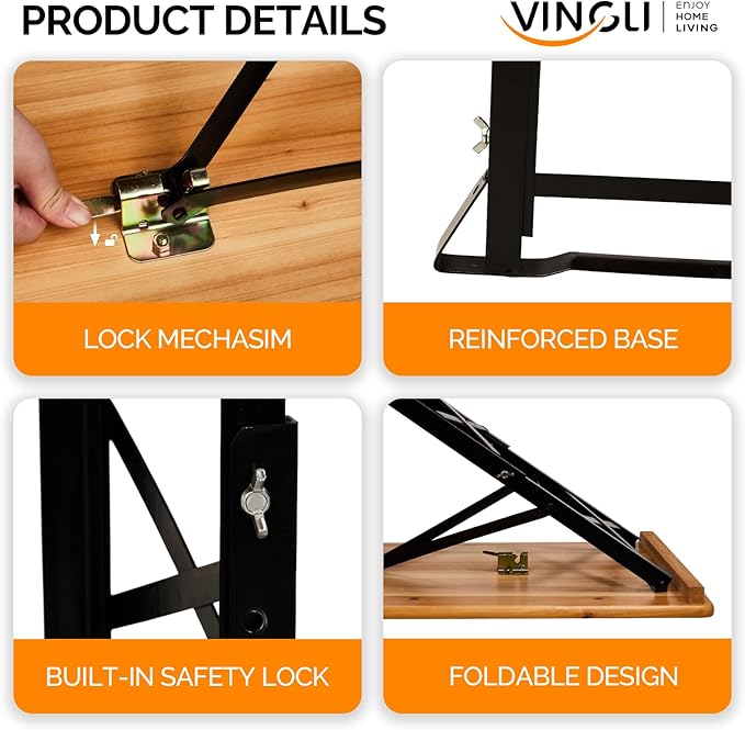 VINGLI 67 Inch Wooden Folding Picnic Table, Picnic Beer Table with Umbrella Hole, Adjustable Heights (29.5" Sitting & 41.5" Standing) – Perfect for Picnics, BBQs, Parties, Bars, and Camping