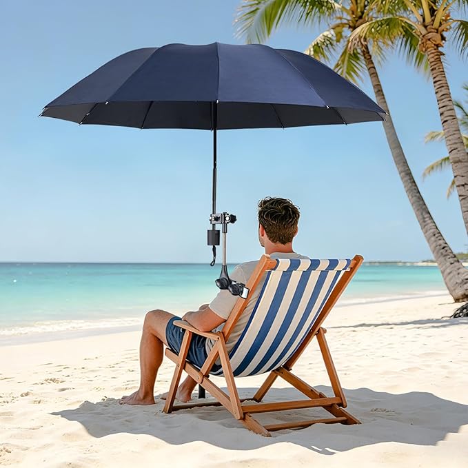 Beach Umbrella 360 ° Adjustable Clip On Beach Chair Umbrella UPF 50+ UV Protection Outdoor Sun Shade Beach Umbrellas Lightweight Portable Camping Chair Umbrellas with Clamp for Patio Chairs Golf Cart