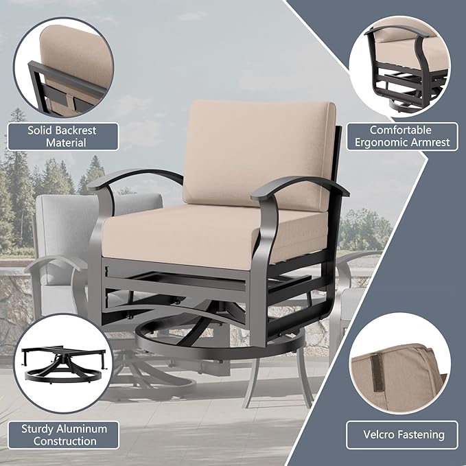 Aluminum Outdoor Patio Furniture Set,7 Seats Patio Conversation Sets with 45" Propane Fire Pit Table,Metal Patio Sectional Furniture Set with 2 Swivel Rocking Chairs,Sand