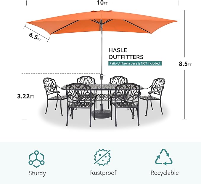 HASLE OUTFITTERS Rectangular Patio Umbrella, 6.5 x 10 ft Rectangle Table Umbrellas w/Heavy Duty Ribs, Effortless Crank and Push Button Tilt, Wind Resistant Sun Umbrella for Outdoor Patio, Orange