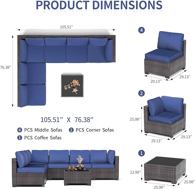 7 Piece Outdoor Patio Furniture Set, PE Rattan Conversation Sofa Set, Wicker Patio Set w/Thick Cushions & Glass Top Coffee Table, All-Weather Outside Furniture for Garden, Balcony, Porch(Brown+Blue)