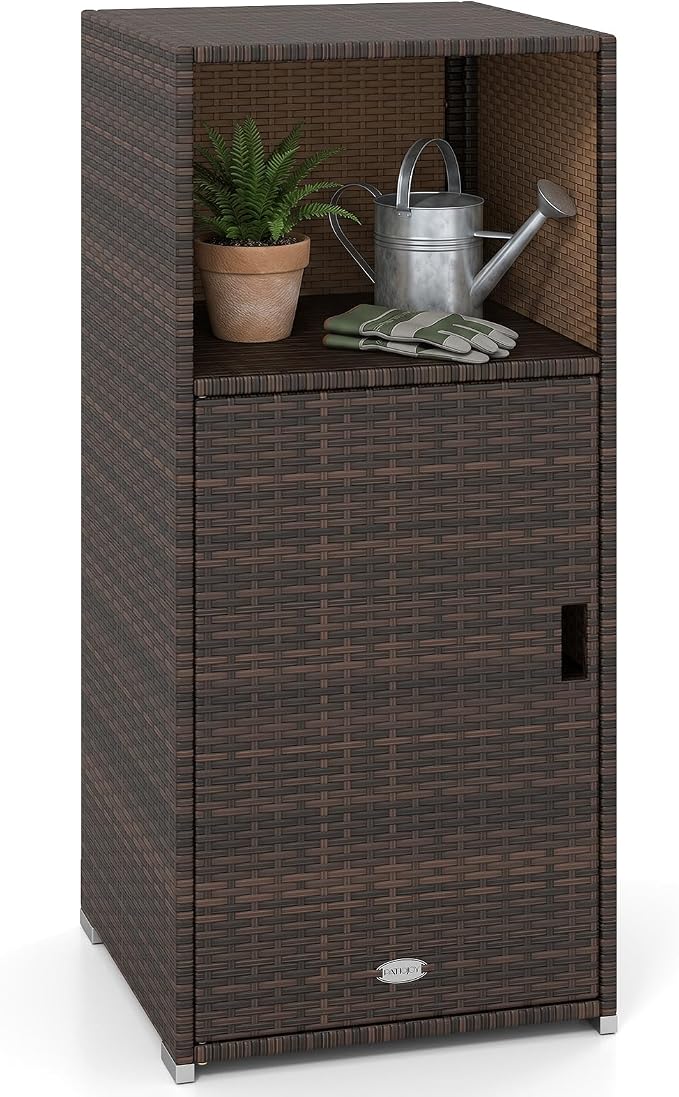 Tangkula Rattan Outdoor Storage Cabinet, Patiojoy PE Wicker Outdoor Cabinet with 3 Storage Shelves, Open Compartment and Door, Patio Storage Deck Box for Porch, Poolside, Backyard