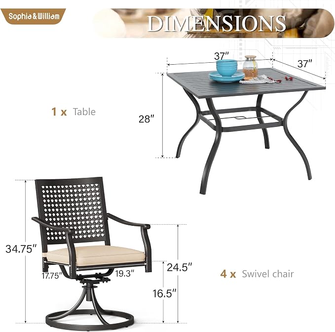Sophia & William Outdoor Patio Dining Set 5 Piece with 4 Swivel Dining Metal Chairs and 1 Square Dining Table (1.57" Umbrella Hole) Outdoor Table Furniture Set for Garden Deck Backyard, Black
